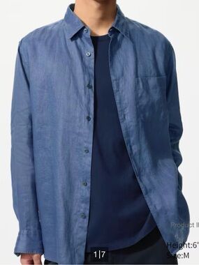Uniqlo Medium Blue Linen-Blend Button-Up Shirt